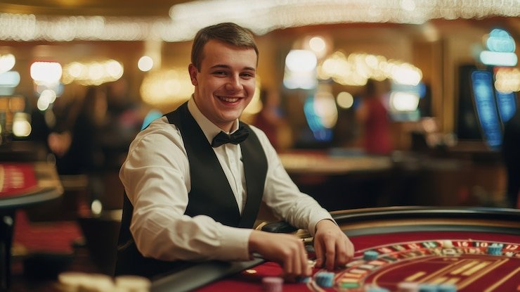 Meja Live Sic Bo dengan dealer profesional dan tiga dadu dalam wadah transparan di wayang spin